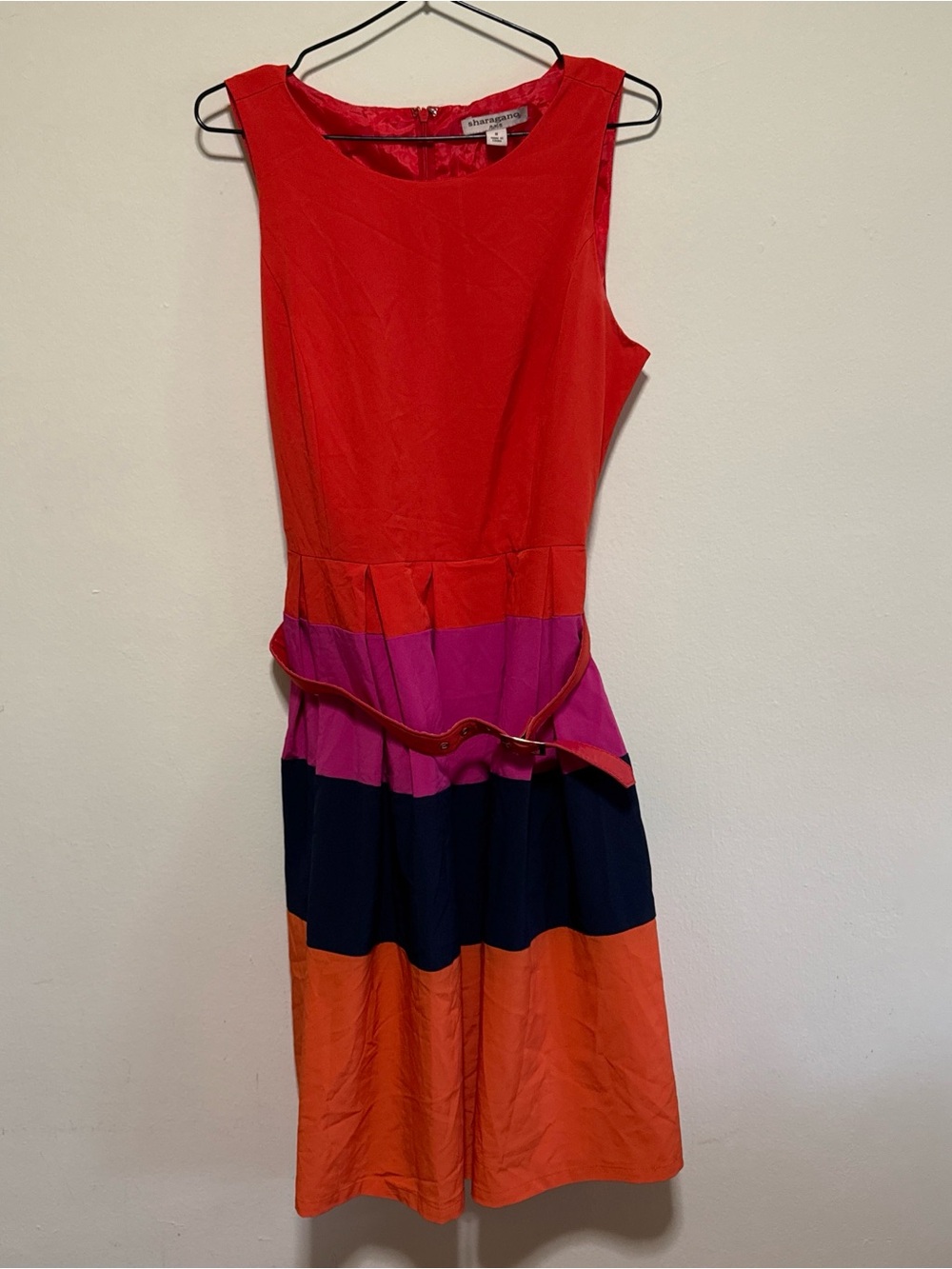 Sharagano Poppy Navy Sleeveless Belted Fit And Flare Womens Dress Size 10